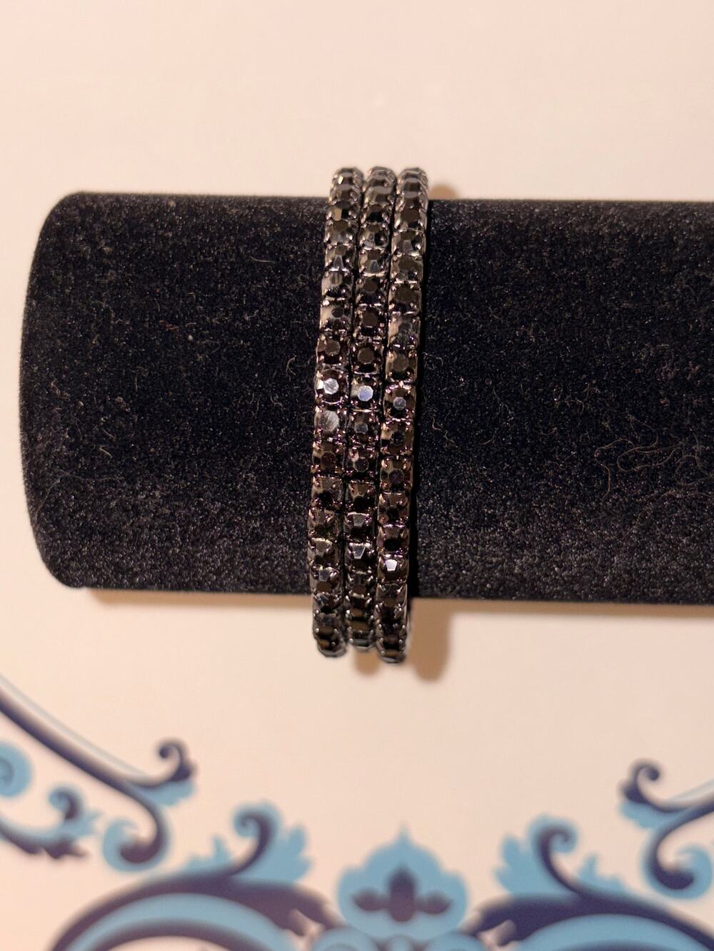 Black Gunmetal Rhinestone Coil Wrap Bracelet 3 Row Memory Wire Stacking Cuff
